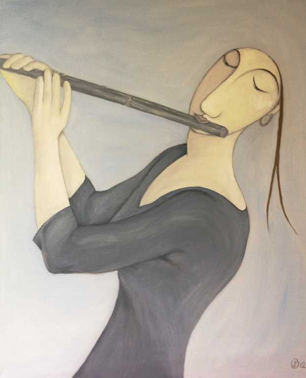 the flute player in blue