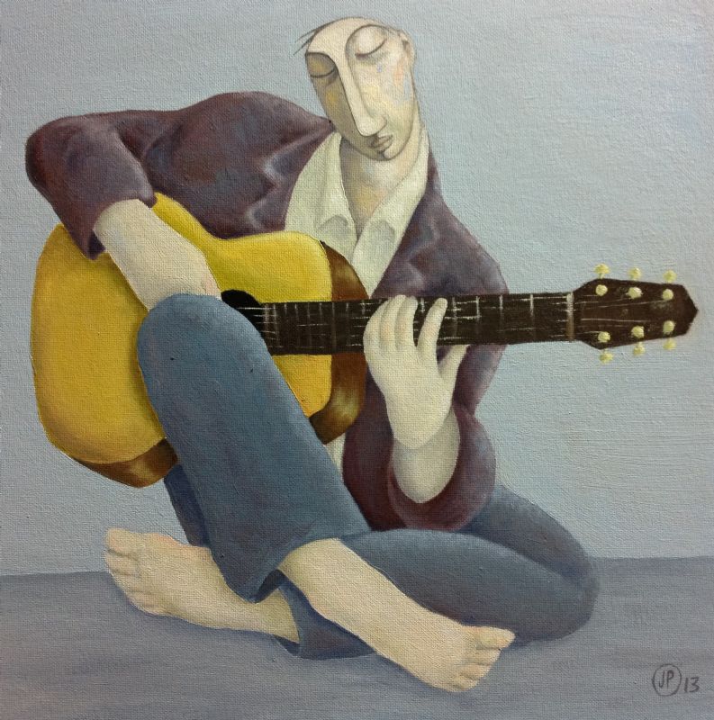 cross legged guitarist oil painting
